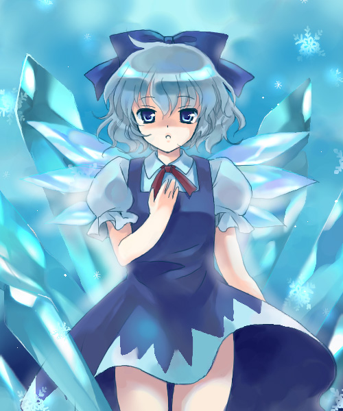coco (artist), cirno, embodiment of scarlet devil, touhou, 1girl, blue background, bow, female focus, solo