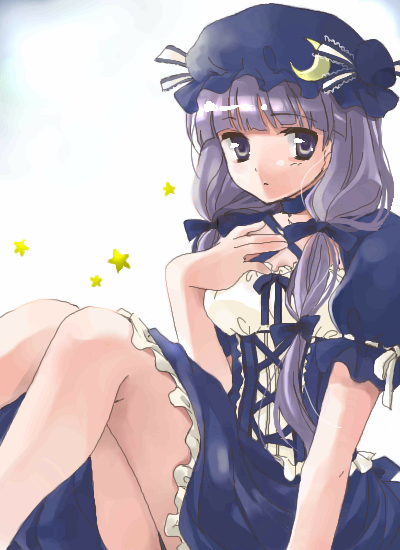 coco (artist), patchouli knowledge, touhou, silver hair, 1girl, :o, alternate color, bare legs, blue dress, blue eyes, criss-cross halter, dress, female focus, halterneck, hand on own chest, hat, knees up, long hair, looking at viewer, mob cap, parted lips, sitting, solo, very long hair