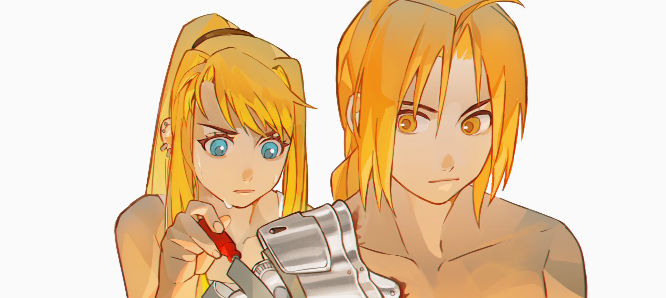 astrastar, edward elric, winry rockbell, fullmetal alchemist, hashtag-only commentary, highres, 1boy, 1girl, antenna hair, bare shoulders, blonde hair, blue eyes, braid, closed mouth, ear piercing, earrings, holding, jewelry, long hair, piercing, ponytail, prosthesis, prosthetic arm, screwdriver, simple background, single braid, sweat, sweatdrop, topless male, upper body, white background, yellow eyes