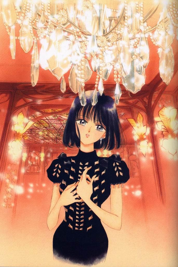 takeuchi naoko, tomoe hotaru, bishoujo senshi sailor moon, official art, 1990s (style), 1girl, black dress, black hair, bob cut, chandelier, cowboy shot, dress, earrings, female focus, formal clothes, grey eyes, head tilt, hip focus, indoors, jewelry, looking at viewer, parted lips, retro artstyle, ring, short hair, solo