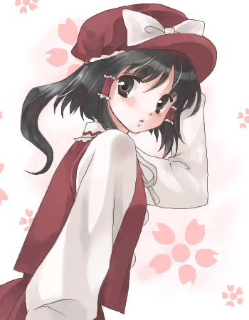 coco (artist), hakurei reimu, touhou, lowres, 1girl, blouse, female focus, hat, red hat, red shirt, shirt, solo