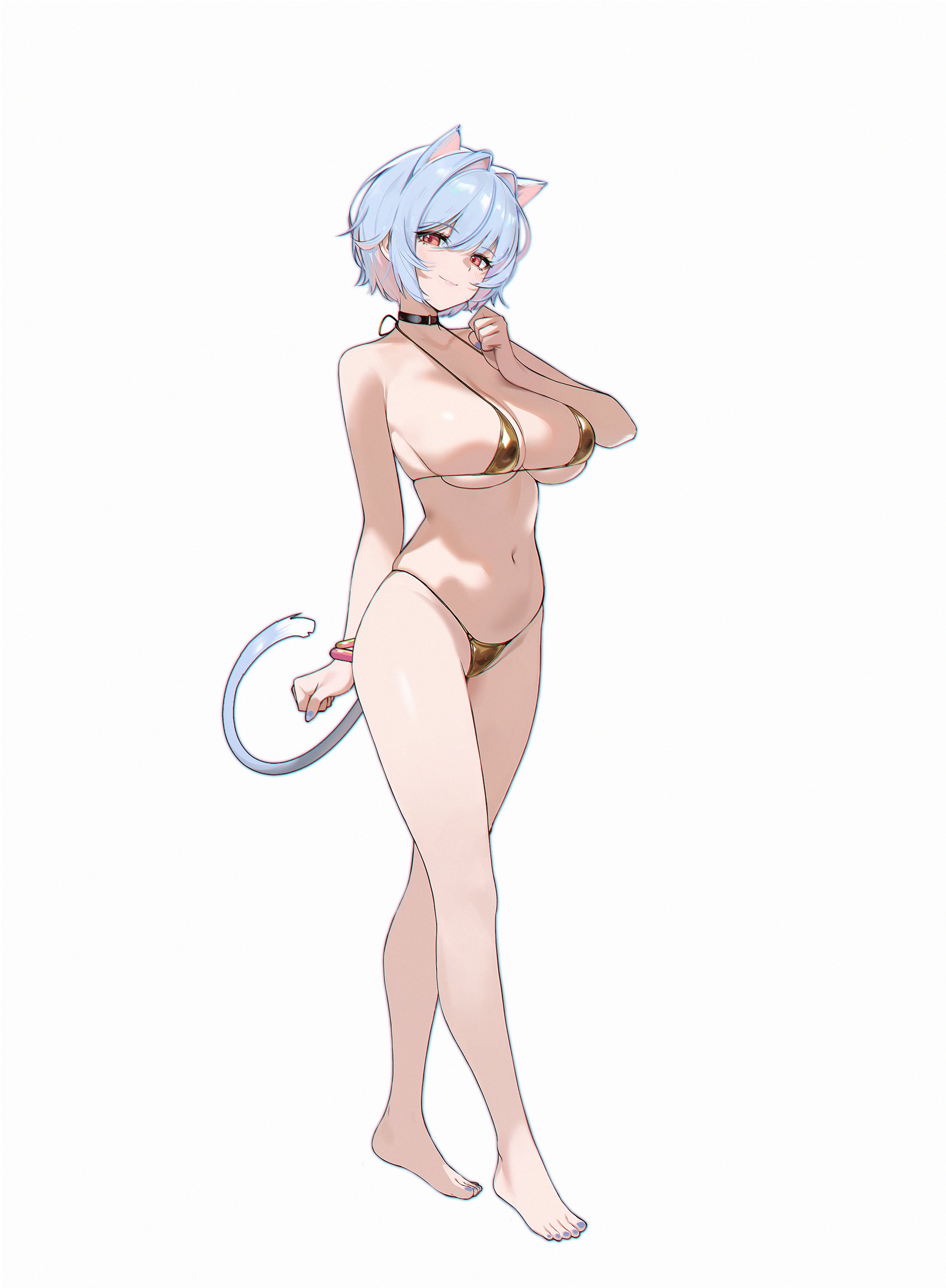 starcat, original, absurdres, highres, 1girl, animal ear fluff, animal ears, armpit crease, bangle, barefoot, bikini, black choker, blue hair, blue nails, bracelet, breasts, cat ears, cat girl, cat tail, choker, cleavage, collarbone, full body, gold bikini, groin, hair between eyes, jewelry, large breasts, looking at viewer, micro bikini, navel, red eyes, short hair, sideboob, simple background, smile, solo, standing, string bikini, swept bangs, swimsuit, tail, white background