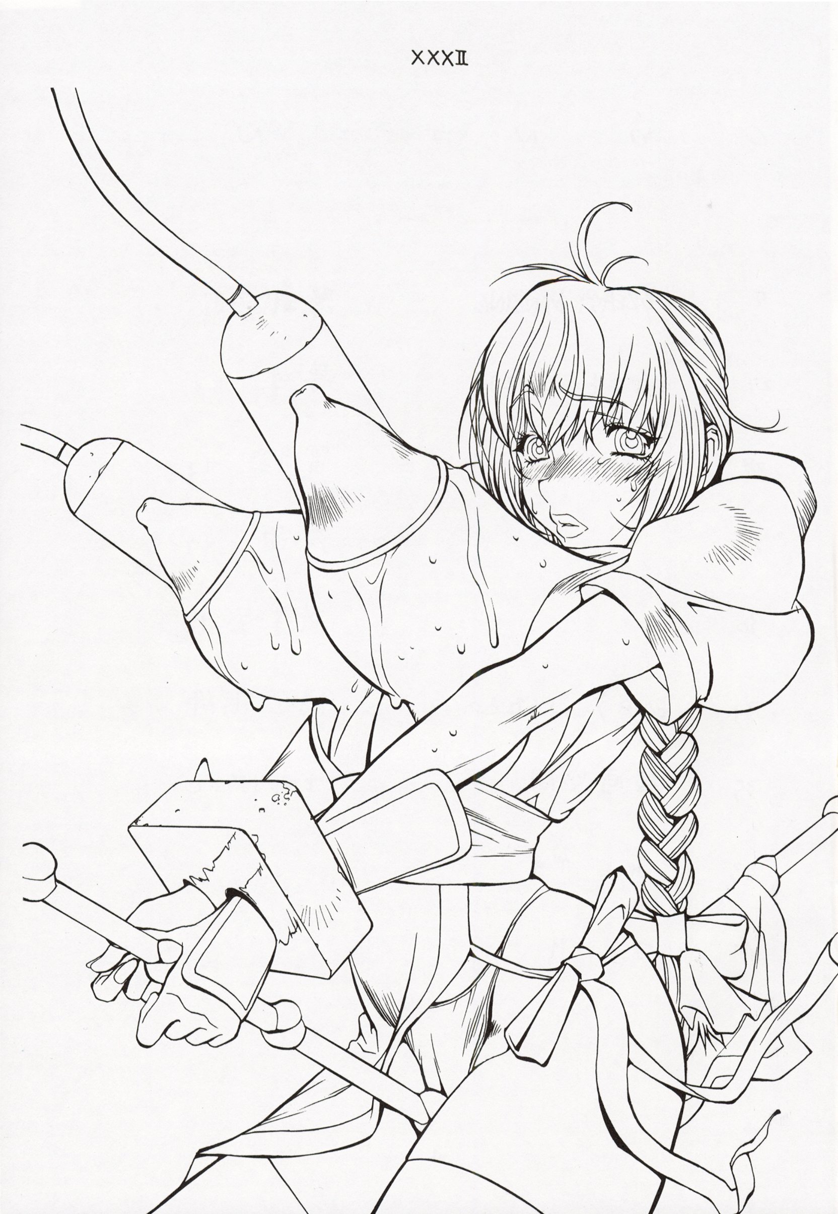 kotoyoshi yumisuke, kasumi (doa), dead or alive, tecmo, absurdres, highres, 1girl, bdsm, blush, bondage, bound, bow, braid, breasts, captured, covered erect nipples, crotch rope, female focus, huge breasts, lactation, large breasts, milking machine, monochrome, nipples, panties, ponytail, rope, rope walking, single braid, slave, solo, thighhighs, underwear