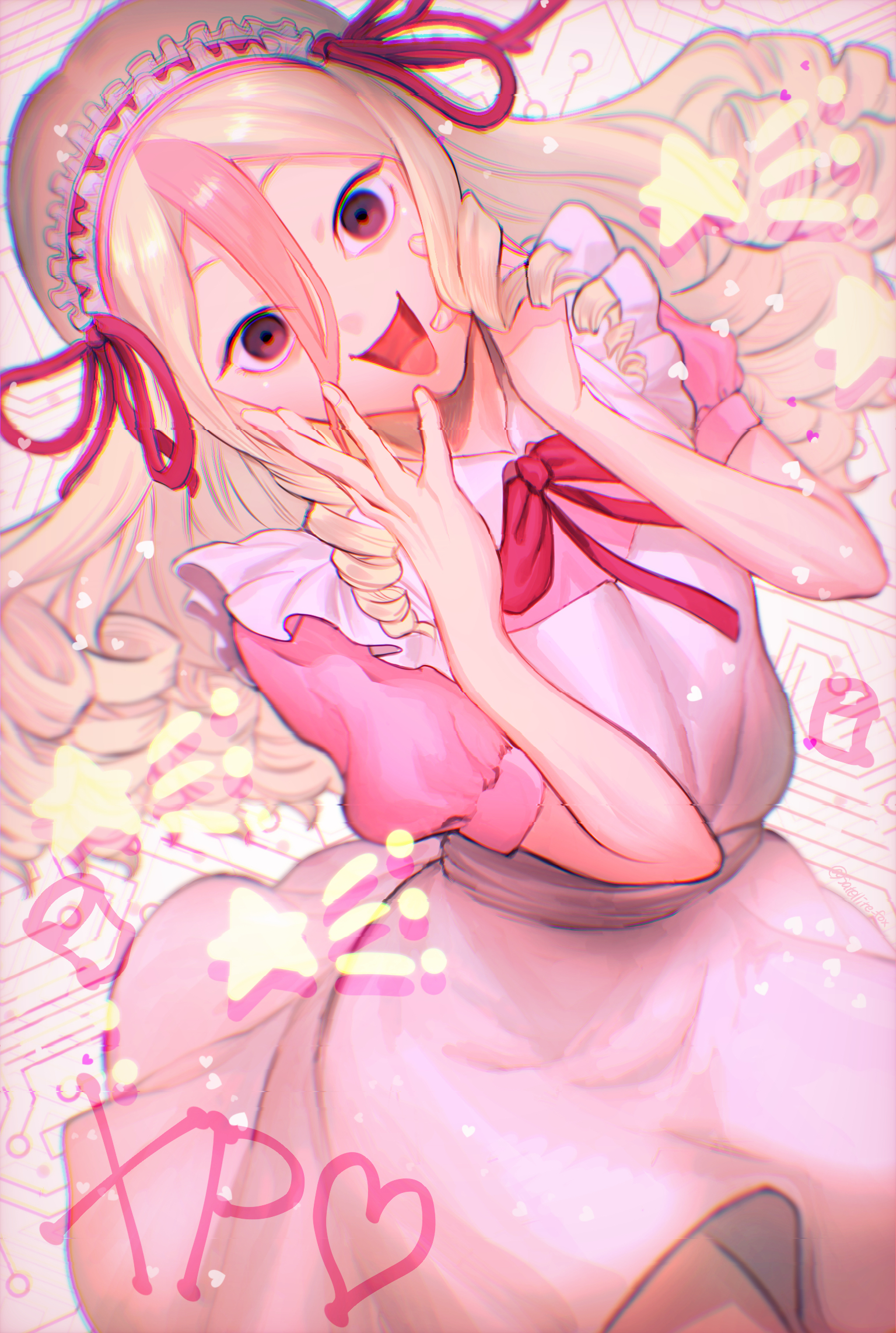 tanba toshio, indie virtual youtuber, highres, 1girl, apron, blonde hair, blue eyes, dress, hairband, long hair, multicolored hair, neck ribbon, pink dress, pink hair, ribbon, two-tone hair, user vfkt5832, virtual youtuber
