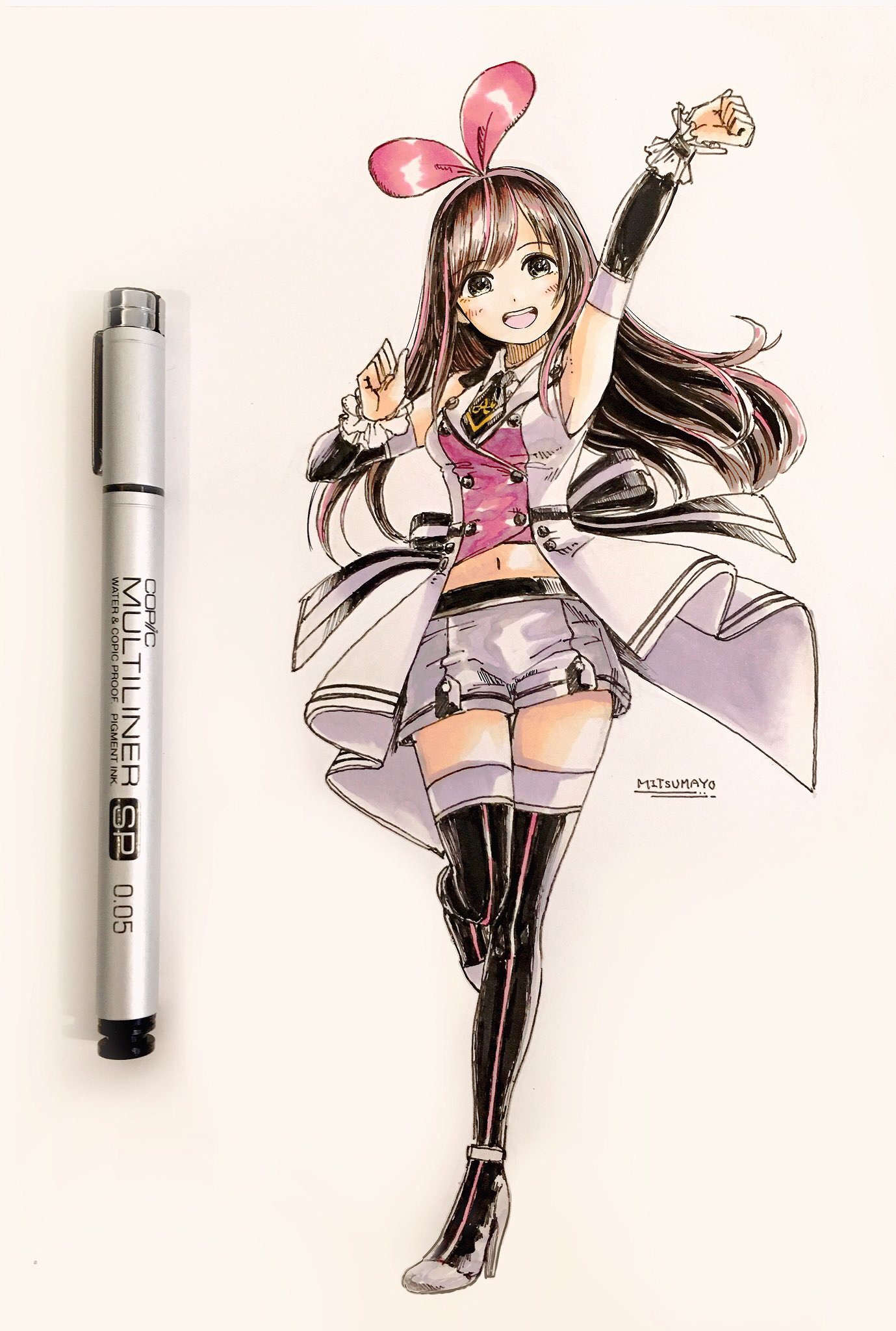 mitsumayo, kizuna ai, kizuna ai inc., highres, marker (medium), photo (medium), traditional media, 1girl, arm up, art tools in frame, black eyes, black thighhighs, bow hairband, brown hair, detached sleeves, full body, hairband, high heels, long hair, looking at viewer, midriff, open mouth, pink hairband, short shorts, shorts, signature, solo, thighhighs, virtual youtuber, white shorts