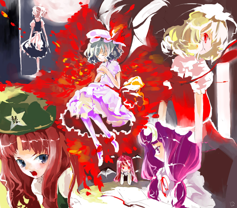 mo, shunsei (muratou), flandre scarlet, hong meiling, izayoi sakuya, koakuma, patchouli knowledge, remilia scarlet, embodiment of scarlet devil, touhou, 6+girls, closed eyes, female focus, from behind, hat, looking back, mob cap, moon, multiple girls, open mouth, wings