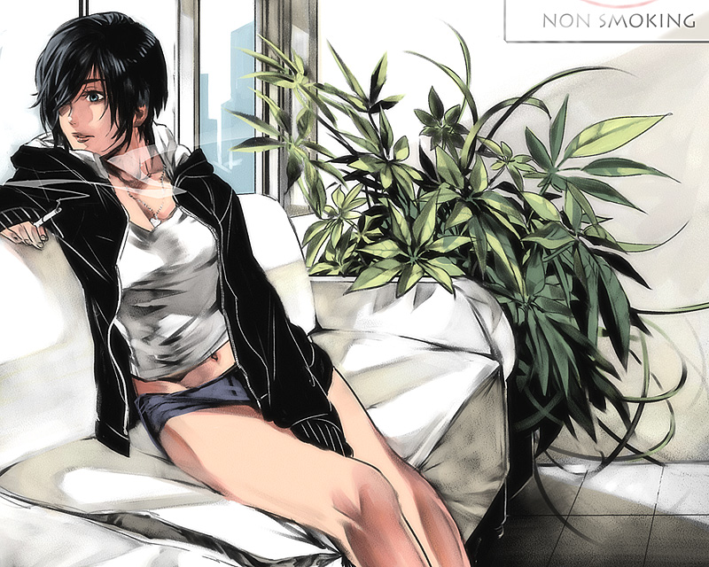 mayumio, original, bad id, black hair, cigarette, jewelry, navel, necklace, plant, short shorts, shorts, smoking, solo