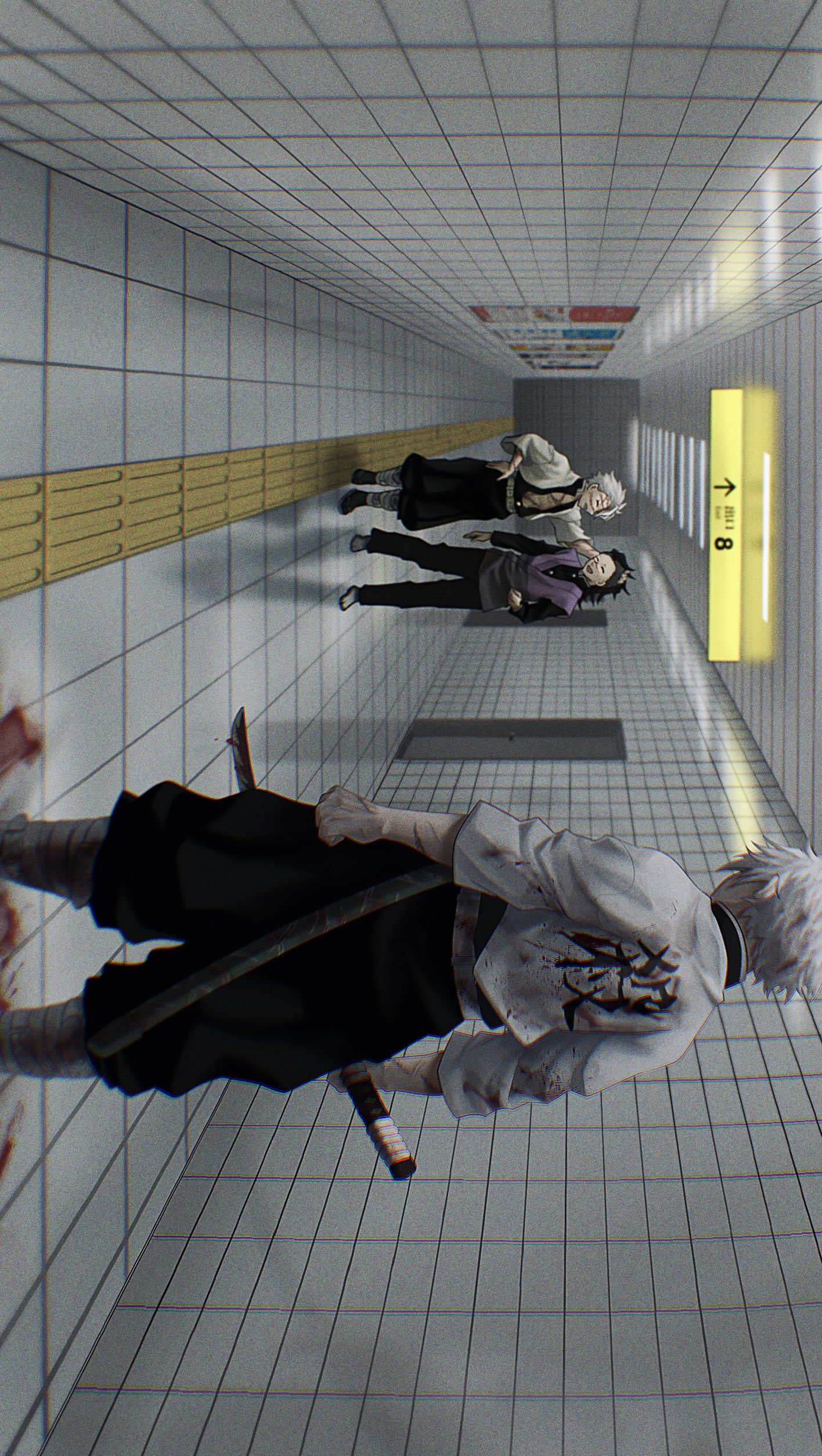 nanash 0, shinazugawa genya, shinazugawa sanemi, kimetsu no yaiba, absurdres, highres, 3boys, belt, black hair, black pants, blood, closed eyes, clothes writing, demon slayer uniform, from behind, full body, grey hair, hand on own hip, holding, holding sword, holding weapon, indoors, katana, laughing, male focus, multiple boys, pants, purple vest, shadow, short hair, sideways, smile, standing, sword, vest, weapon, white belt
