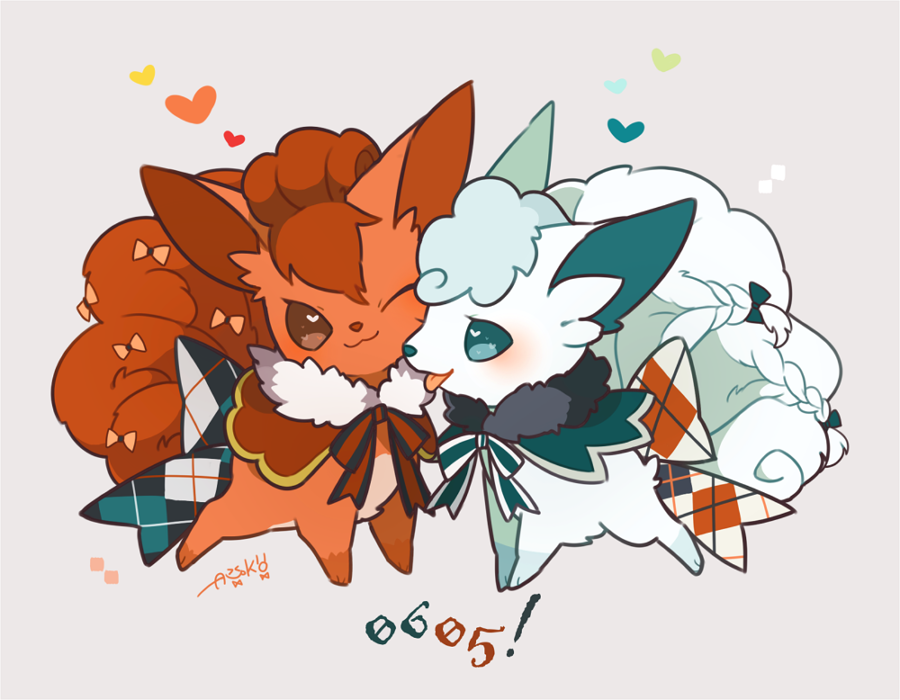 auko, alolan vulpix, vulpix, nintendo, pokemon, commentary request, alolan form, animal focus, blue eyes, blush, bow, brown eyes, fox, gen 1 pokemon, gen 7 pokemon, heart, no humans, one eye closed, pokemon (creature), pokemon focus, simple background, smile, tail, tail bow, tail ornament, tongue, tongue out