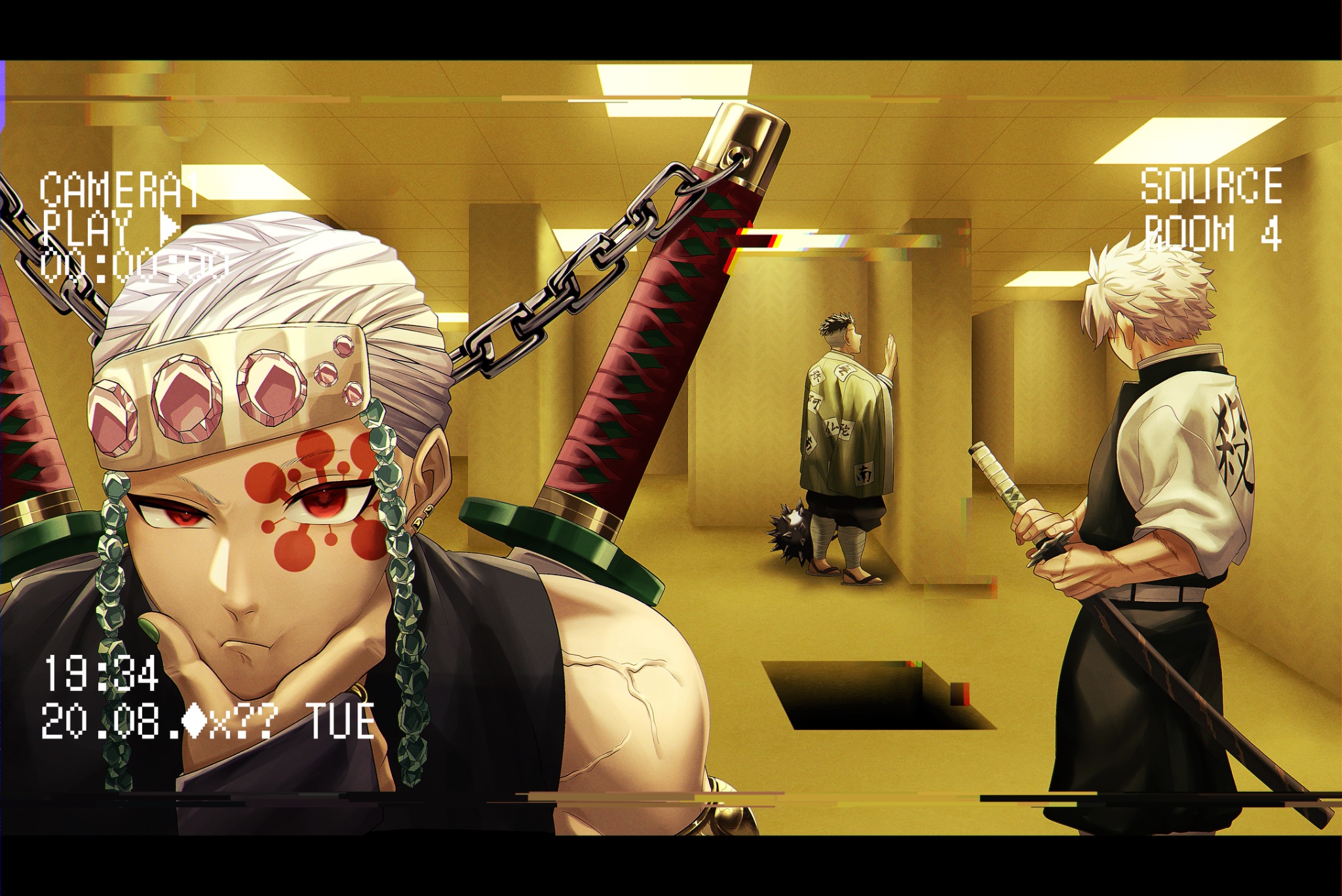 nanash 0, himejima gyoumei, shinazugawa sanemi, uzui tengen, backrooms (creepypasta), kimetsu no yaiba, highres, 3boys, belt, black hair, closed mouth, clothes writing, demon slayer uniform, english text, fingernails, from behind, green hair, green haori, hand on wall, haori, holding, holding sword, holding weapon, hole, indoors, japanese clothes, letterboxed, male focus, multiple boys, recording, red eyes, short hair, sword, veins, weapon, white belt, white hair
