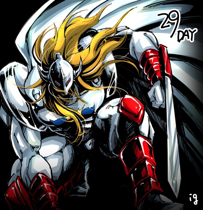 akuma shogun, kinnikuman, artist request, 1boy, cape, clenched hand, full body, knees up, long hair, looking at viewer, muscular, no humans, simple background, squatting, sword, weapon