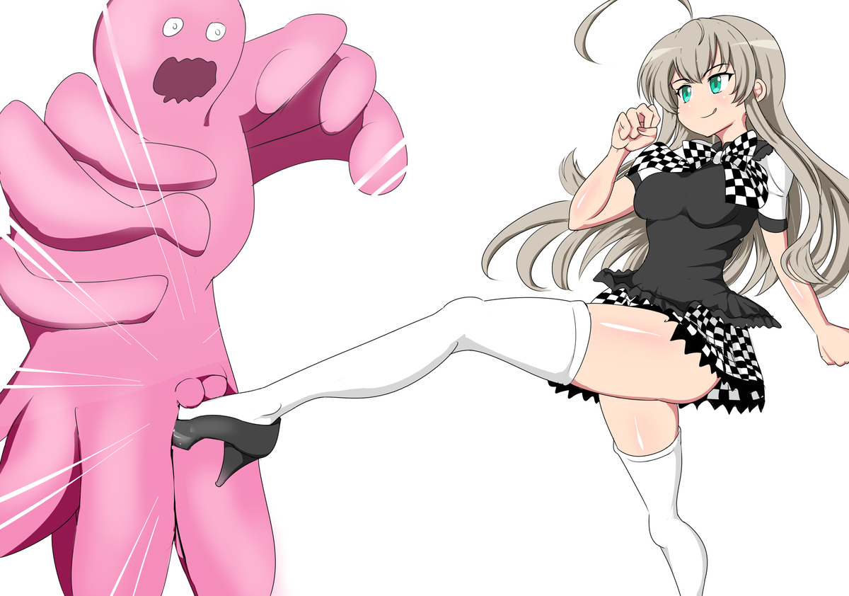 pakku (artist), cthulhu, nyarlathotep (nyaruko-san), haiyore! nyaruko-san, 1boy, 1girl, ball busting, checkered clothes, checkered skirt, crotch kick, high heels, skirt, thighhighs, white thighhighs