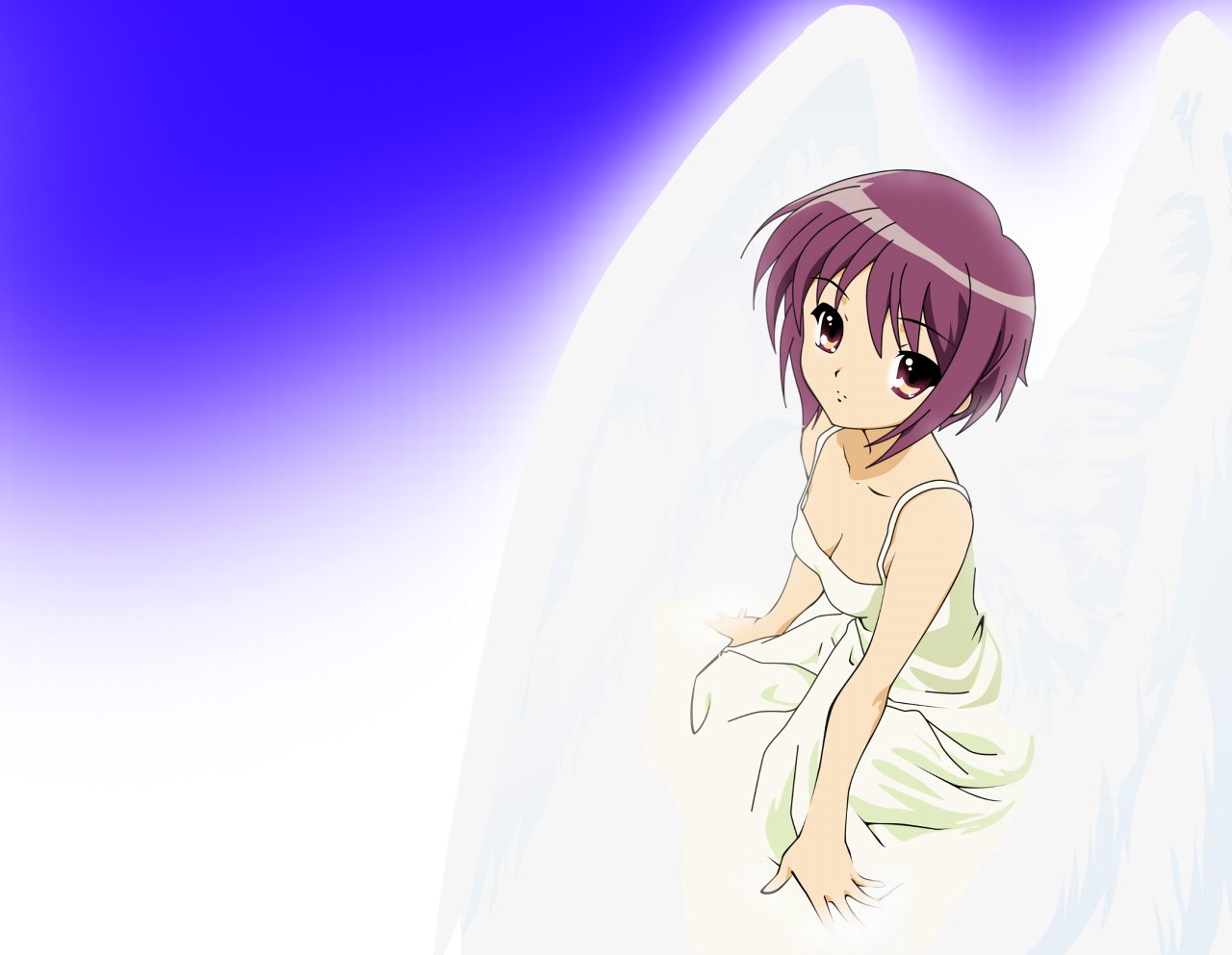 nagato yuki, suzumiya haruhi no yuuutsu, eyebrows, 00s, 1girl, alternate costume, angel wings, arm support, breasts, brown eyes, cleavage, downblouse, dress, female focus, from above, gradient background, looking at viewer, purple hair, short hair, sitting, sleeveless, sleeveless dress, small breasts, solo, sundress, upper body, white dress, white wings, wings
