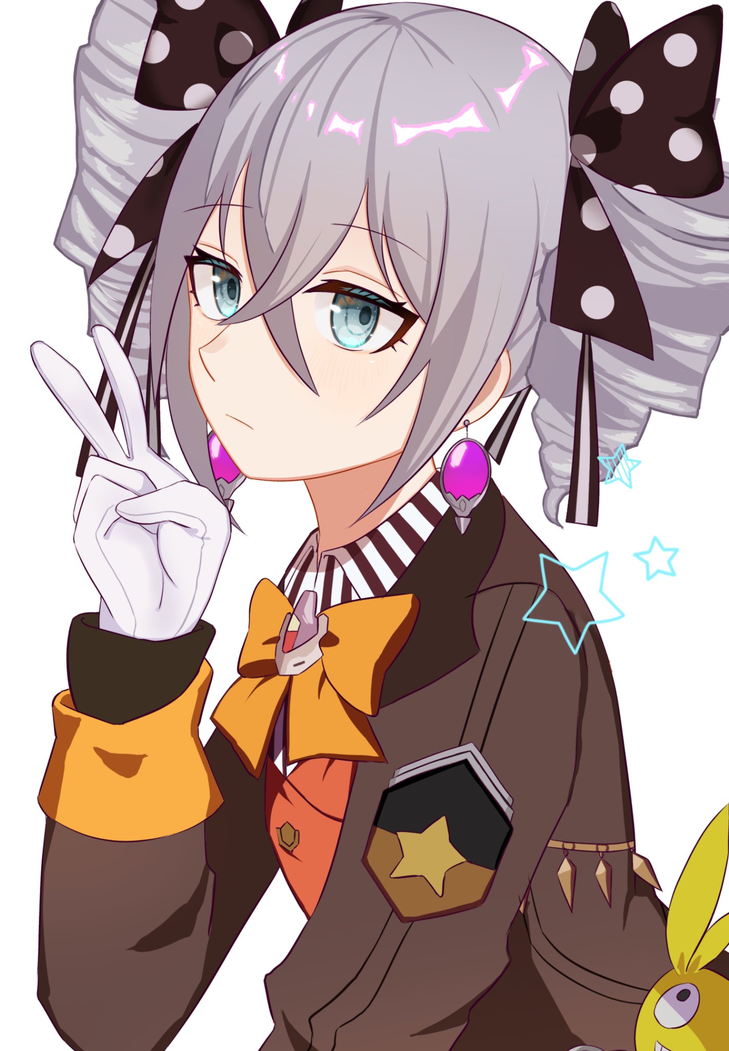 bronya zaychik, bronya zaychik (wolf's dawn), homu (honkai impact), honkai (series), honkai impact 3rd, highres, 1girl, biwa5uuu, bow, bowtie, brown jacket, closed mouth, drill hair, earrings, gloves, grey eyes, grey hair, hair bow, jacket, jewelry, long sleeves, looking at viewer, orange bow, orange bowtie, polka dot, polka dot bow, simple background, solo, twin drills, v, white background, white gloves