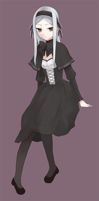 soma peries, gundam, gundam 00, 00s, 1girl, brown eyes, female focus, full body, gothic lolita, lolita fashion, long hair, pantyhose, simple background, solo, white hair