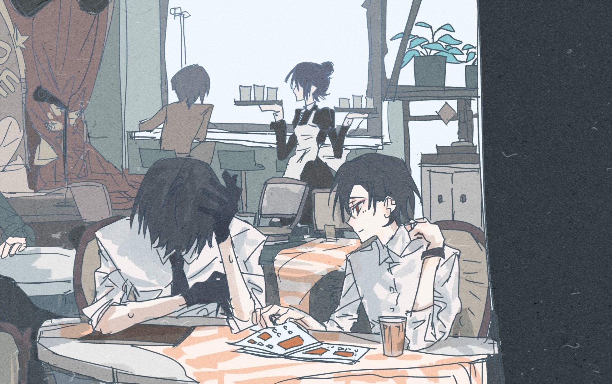 oosaki (ooe), ooe (game), highres, 2boys, 2girls, apron, ariake (ooe), black gloves, black hair, black necktie, chair, collared shirt, cup, curtains, gloves, hair bun, indoors, long sleeves, maid, multiple boys, multiple girls, necktie, plant, shirt, short hair, single hair bun, sitting, sleeves rolled up, smile, sweat, table, white shirt, window, yigemoming2333
