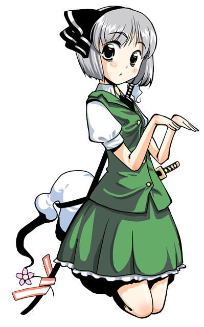 yakepu, konpaku youmu, konpaku youmu (ghost), touhou, silver hair, 1girl, blush, buttons, dress, female focus, full body, ghost, green dress, green eyes, hairband, hitodama, kneeling, looking at viewer, puffy short sleeves, puffy sleeves, short sleeves, solo