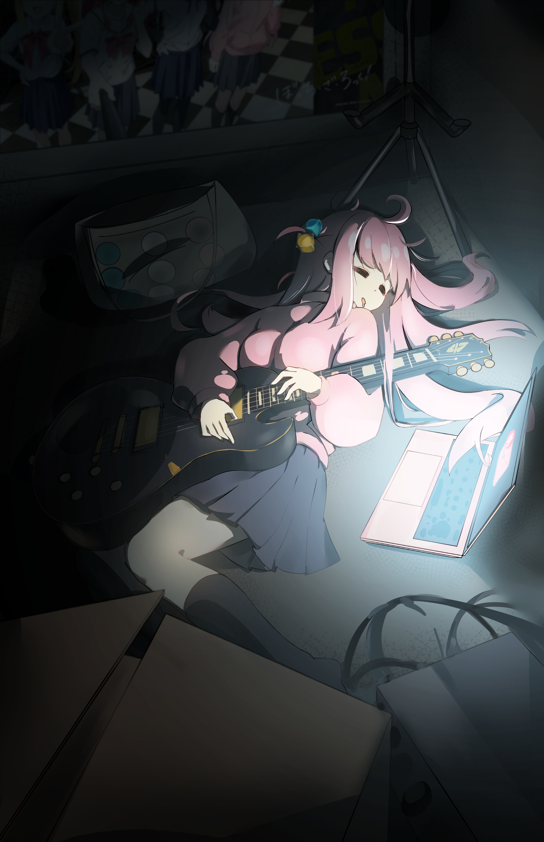 gotoh hitori, bocchi the rock!, absurdres, chinese commentary, commentary request, highres, 1girl, bass guitar, black skirt, black socks, box, breasts, cable, cardboard box, closed eyes, computer, cube hair ornament, dark, drooling, hair ornament, holding, holding instrument, indoors, instrument, jacket, kneehighs, laptop, long hair, long sleeves, lying, medium breasts, miniskirt, mouth drool, on back, on floor, open mouth, pink hair, pink jacket, pleated skirt, screen light, skirt, sleeping, socks, solo, track suit, zi luo (zilos)
