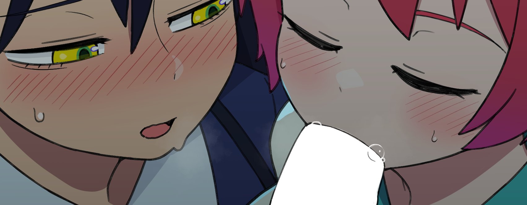 kurozu (crozu), amate yuzuriha, nyaan (gundam gquuuuuux), gundam, gundam gquuuuuux, highres, paid reward available, 2girls, black hair, blush, fellatio, hair between eyes, long hair, multiple girls, oral, penis, pov, red eyes, red hair, short hair, yellow eyes