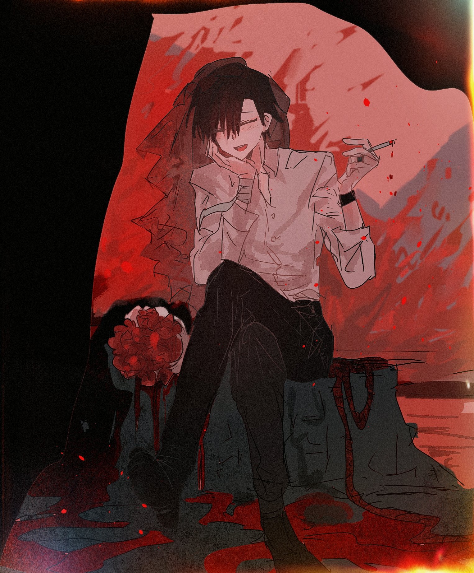 ooe (game), highres, 1boy, ariake (ooe), bandages, black hair, black pants, blood, bouquet, bridal veil, cigarette, closed eyes, collared shirt, crossed legs, facing viewer, flower, full body, hand on own face, holding, holding cigarette, male focus, noose, open collar, open mouth, pants, red flower, rope, rose, shirt, short hair, sitting, smile, smoke, solo, teeth, veil, white shirt, yigemoming2333