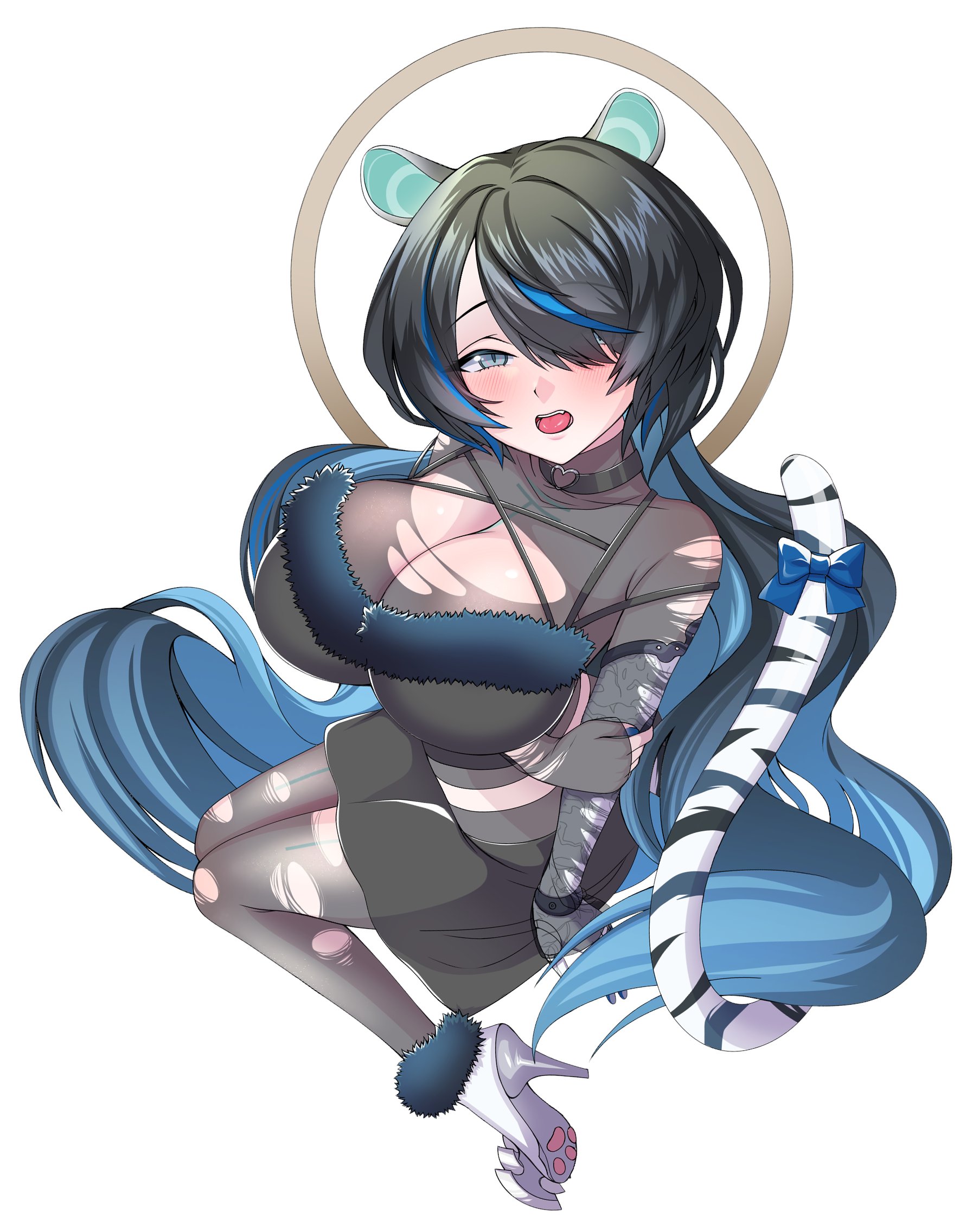 1a1acthulhu, erina makina, phase connect, highres, second-party source, 1girl, animal ears, black hair, black skirt, blue bow, blue hair, blue nails, blush, bodystocking, bow, breasts, choker, cleavage, colored inner hair, fur trim, grey eyes, hair over one eye, halo, heart, heart choker, heart o-ring, high heels, large breasts, long hair, mechanical arms, multicolored hair, o-ring, open mouth, paw print, see-through clothes, shoes, single mechanical arm, skirt, solo, streaked hair, tail, tail bow, tail ornament, tiger ears, tiger girl, tiger tail, virtual youtuber, white shoes