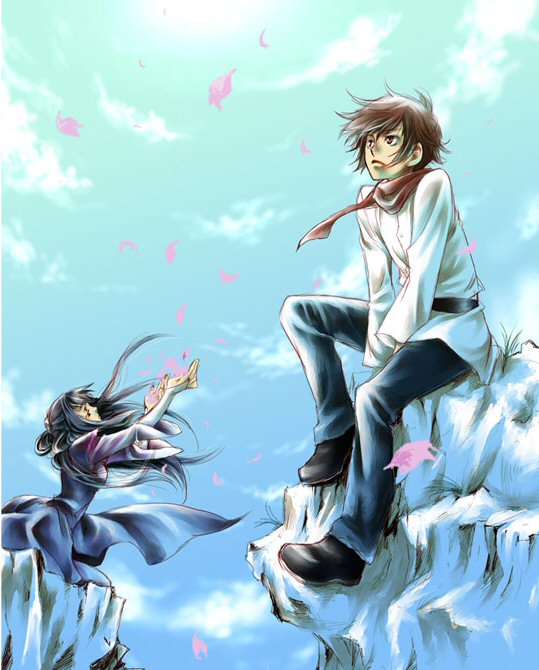 marina ismail, setsuna f. seiei, gundam, gundam 00, 00s, 1boy, 1girl, black hair, cloud, day, long hair, outdoors, petals, sky