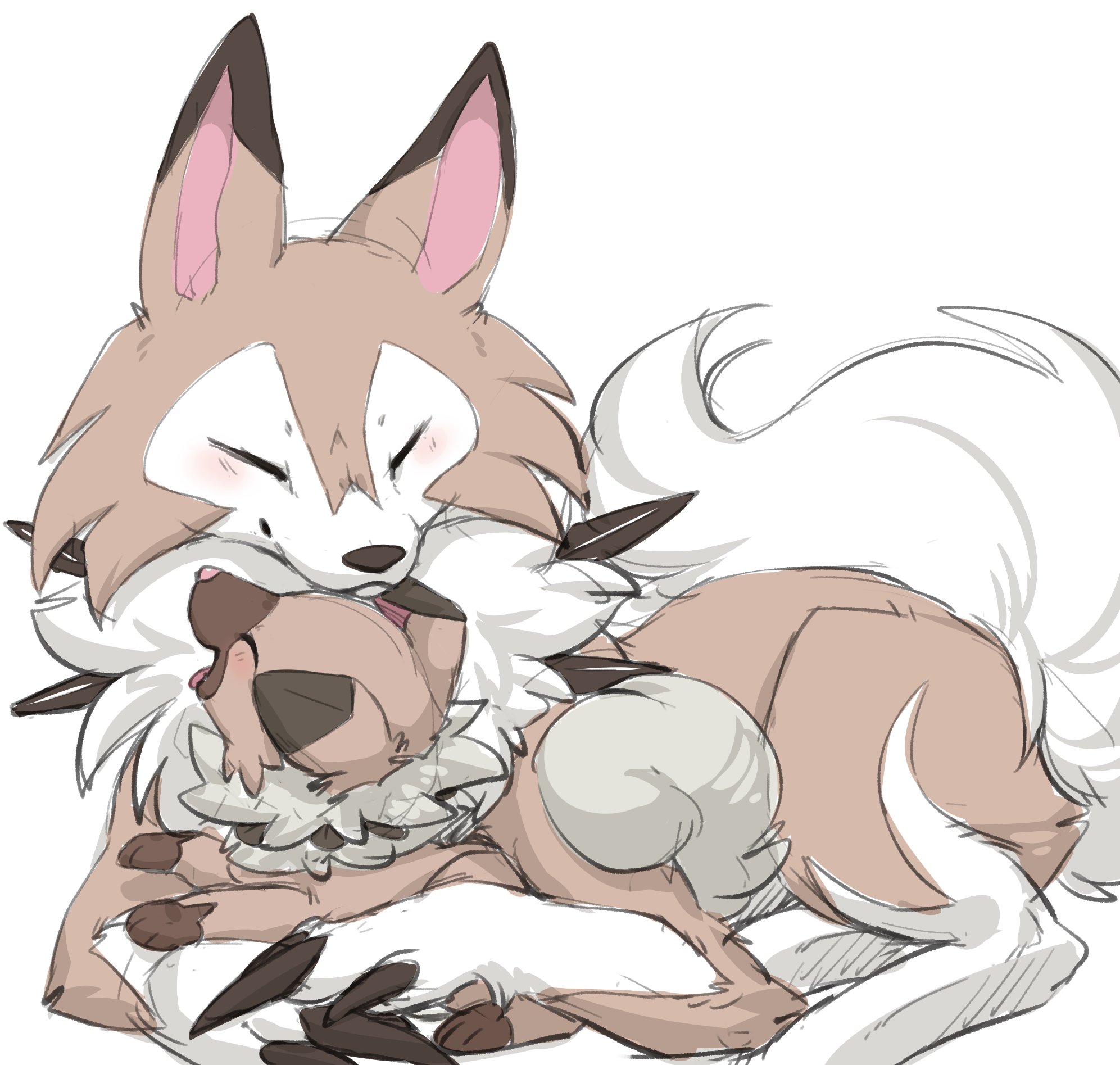 ingi, lycanroc, lycanroc (midday), rockruff, nintendo, pokemon, commentary request, highres, blush, closed eyes, closed mouth, dog, evolutionary line, gen 7 pokemon, no humans, open mouth, pokemon (creature), pokemon focus, simple background, smile, tongue, tongue out, white background, wolf
