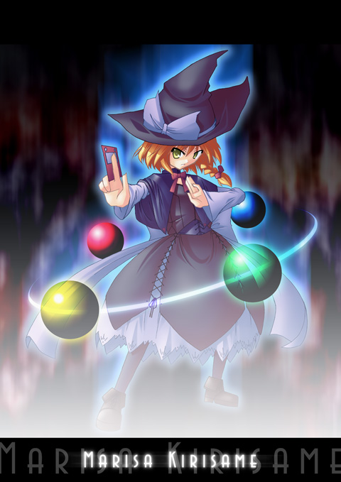 akakage red, red (artist), kirisame marisa, touhou, 1girl, blonde hair, character name, female focus, hat, hat ribbon, ribbon, solo, spell card, witch hat, yellow eyes