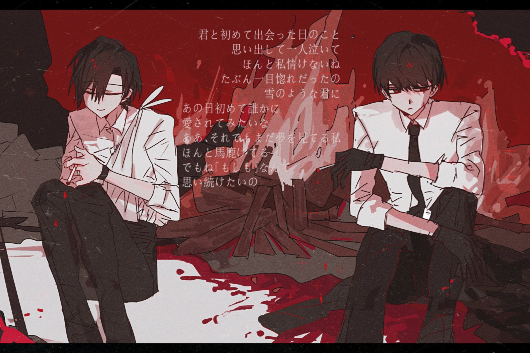 oosaki (ooe), ooe (game), highres, 2boys, ariake (ooe), black gloves, black hair, black necktie, black pants, blood, closed eyes, collared shirt, gloves, male focus, multiple boys, necktie, pants, red eyes, shirt, short hair, sitting, white shirt, yigemoming2333