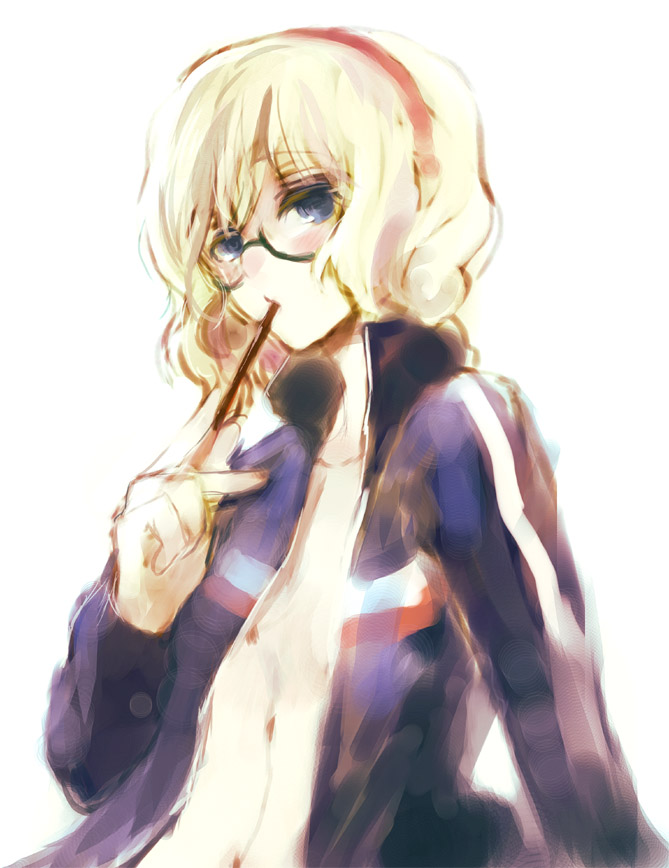 nokishita, alice margatroid, touhou, 1girl, bespectacled, female focus, food, glasses, navel, pocky, solo, upper body, white background