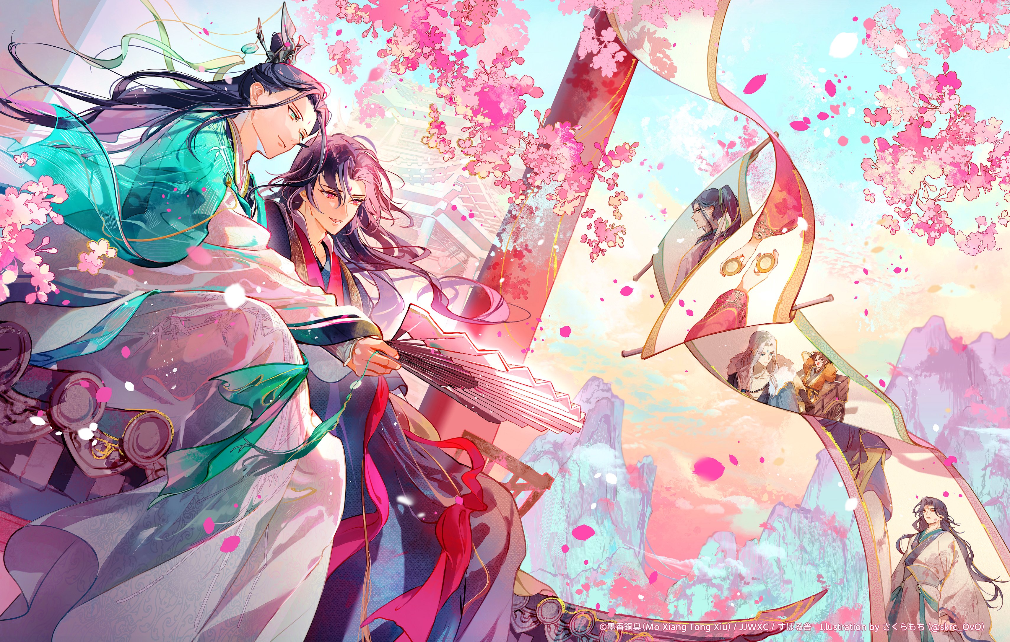 sakuramochi1003, liu qingge, luo binghe, mobei jun, shang qinghua, shen qingqiu, zuiyin, renzha fanpai zijiu xitong, absurdres, highres, official art, 1girl, 6+boys, architecture, bindi, black hair, black hanfu, cherry blossoms, chinese clothes, chinese hairpin, chinese wedding, colorful, cup, curtained hair, day, east asian architecture, facial mark, flower, folding fan, forehead mark, green eyes, green hanfu, green ribbon, hair bun, hair ribbon, hand fan, hanfu, holding, holding cup, holding fan, jewelry, long hair, long sleeves, male focus, mountain, mountainous horizon, multiple boys, outdoors, pastel colors, petals, pink flower, red eyes, red hanfu, ribbon, ribboned xiao guan, scroll, sitting, sky, smile, su xiyan, tianlang jun, tree, two-tone hanfu, two-tone robe, wavy hair, wide sleeves, wind, xiao guan (headdress)