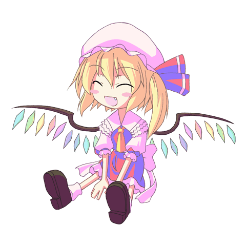 akakage red, red (artist), flandre scarlet, touhou, animated, animated gif, lowres, 1girl, blonde hair, blouse, brown shoes, collared shirt, fang, female focus, hat, mob cap, shirt, shoes, socks, solo, white hat, white shirt, white socks, wings