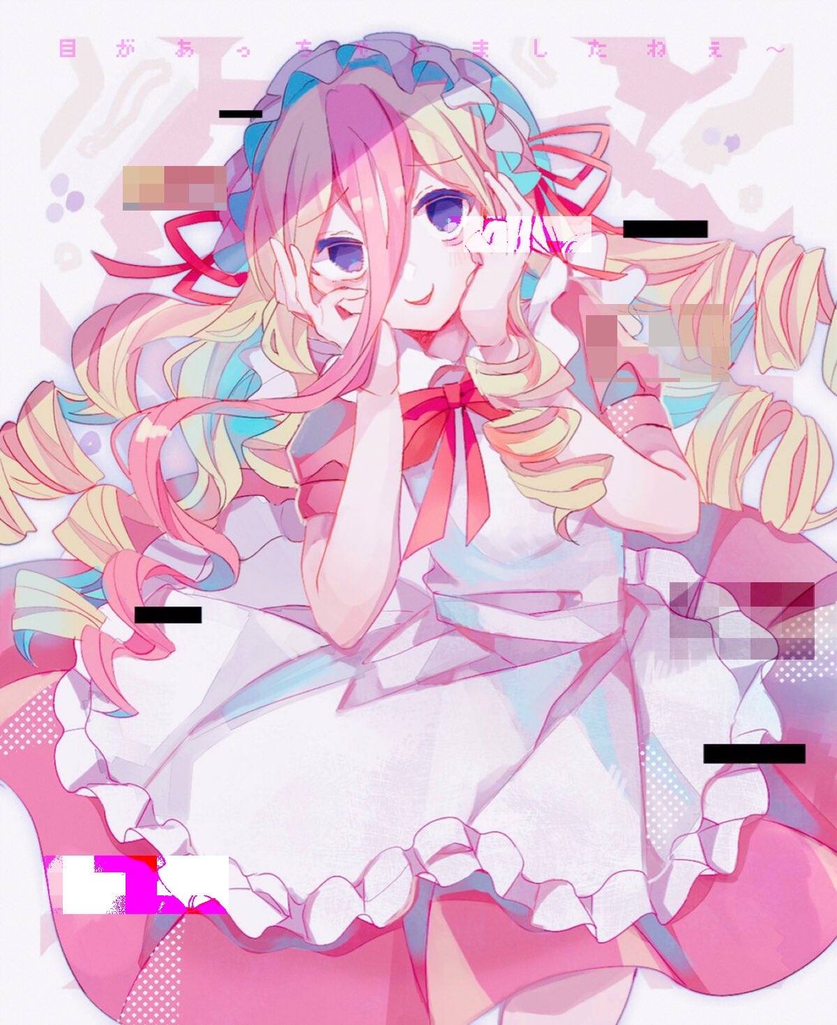 nemunemu1226, indie virtual youtuber, highres, 1girl, apron, blonde hair, blue eyes, dress, hairband, long hair, multicolored hair, neck ribbon, pink dress, pink hair, ribbon, two-tone hair, virtual youtuber
