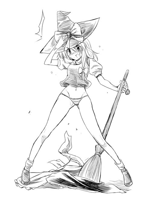 kiku hitomoji, tora tooru, toru tooru, kirisame marisa, touhou, 1girl, ^^^, broom, female focus, greyscale, hand on headwear, hat, monochrome, no pants, panties, solo, striped clothes, striped panties, sweat, underwear, wardrobe malfunction, witch hat