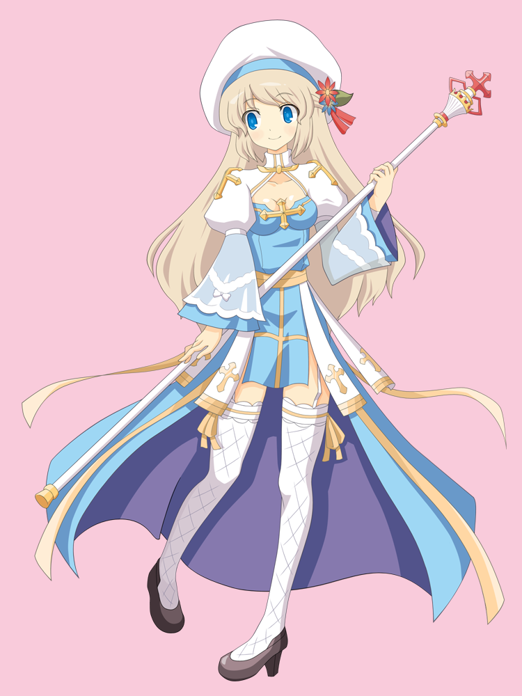arch bishop (ragnarok online), ragnarok online, commentary request, 1girl, black shoes, blonde hair, blue dress, blue eyes, blue flower, blush, breasts, cleavage, cleavage cutout, closed mouth, clothing cutout, cross, dress, fishnet thighhighs, fishnets, flower, full body, garter straps, hat, hat flower, hat ornament, high heels, holding, holding staff, juliet sleeves, leaf hat ornament, long hair, long sleeves, looking afar, medium breasts, pink background, puffy sleeves, red flower, sash, shoes, simple background, smile, solo, staff, standing, tam (ragnarok online), thighhighs, toufui, two-tone dress, white dress, white hat, white thighhighs, yellow sash