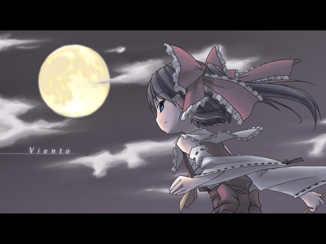 akakage red, red (artist), hakurei reimu, touhou, 1girl, black hair, blue eyes, detached sleeves, female focus, hair ribbon, letterboxed, long hair, moon, ribbon, solo