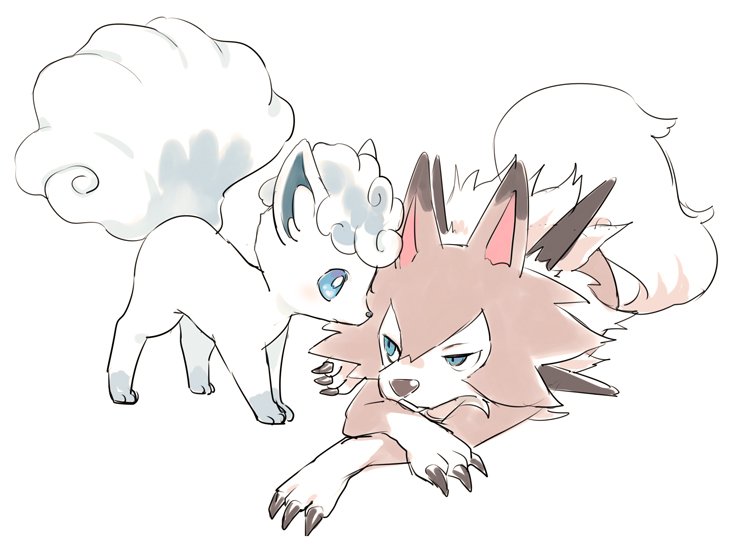 amezawa koma, alolan vulpix, lycanroc, lycanroc (midday), nintendo, pokemon, commentary request, alolan form, animal focus, blue eyes, closed mouth, fox, gen 7 pokemon, looking down, looking up, no humans, pokemon (creature), pokemon focus, simple background, white background, wolf