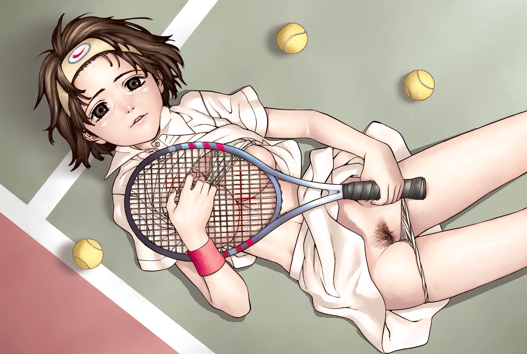 hijiri rei, original, highres, 1girl, breasts, brown eyes, brown hair, clothes lift, female focus, female pubic hair, headband, large breasts, lying, panties, panty pull, parted lips, pubic hair, pussy, racket, shirt lift, short hair, skirt, skirt lift, solo, tennis, tennis racket, underwear