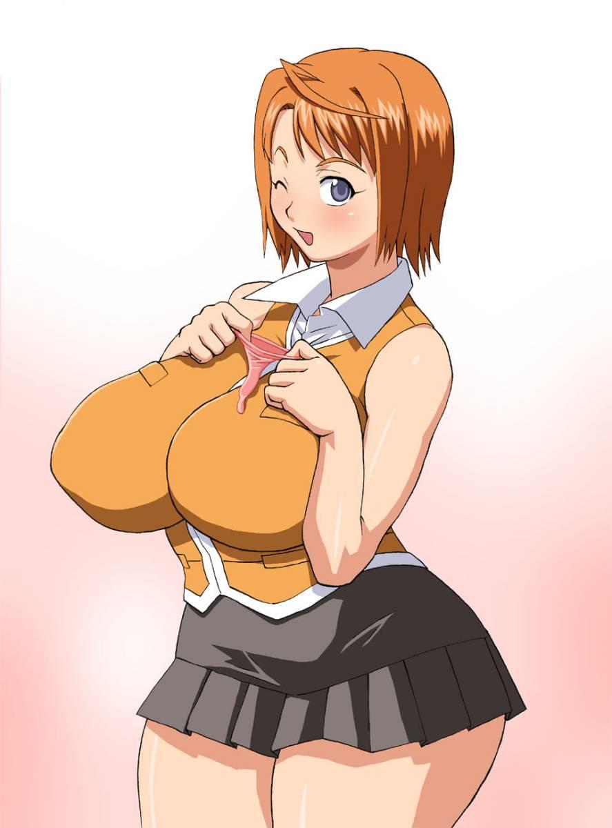 tetrodotoxin, tokiha mai, my-hime, highres, 00s, 1girl, ahoge, blue eyes, breast suppress, breasts, condom, cowboy shot, curvy, female focus, huge breasts, large breasts, one eye closed, orange hair, orange shirt, shirt, short hair, skirt, solo, stretching, vest, wink