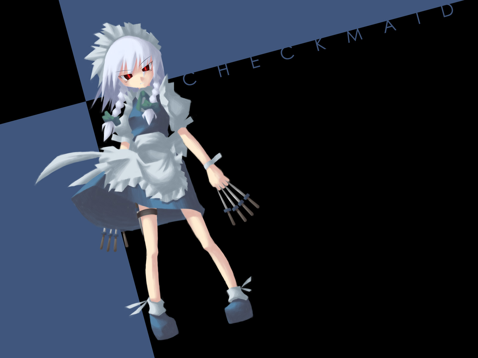 akakage red, red (artist), izayoi sakuya, touhou, silver hair, highres, 1girl, between fingers, braid, female focus, holding, knife, maid, red eyes, short hair, solo, throwing knife, twin braids, weapon