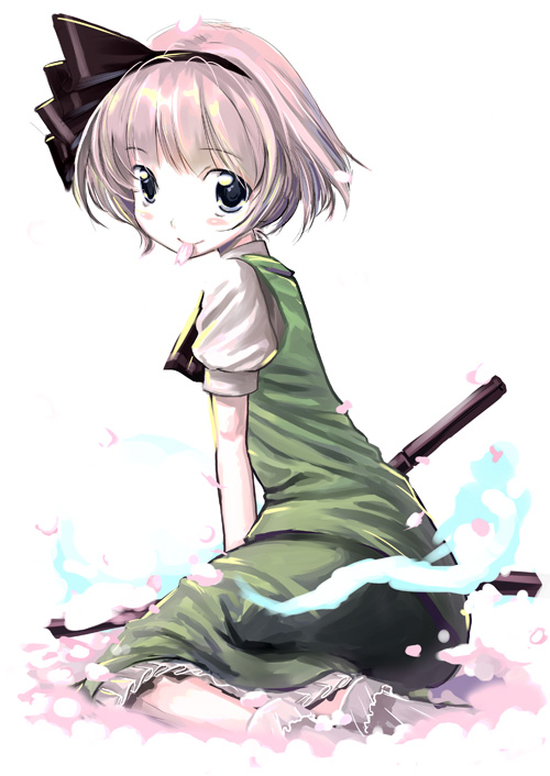 yakepu, konpaku youmu, konpaku youmu (ghost), touhou, 1girl, cherry blossoms, female focus, hitodama, looking back, mouth hold, sitting, smile, solo