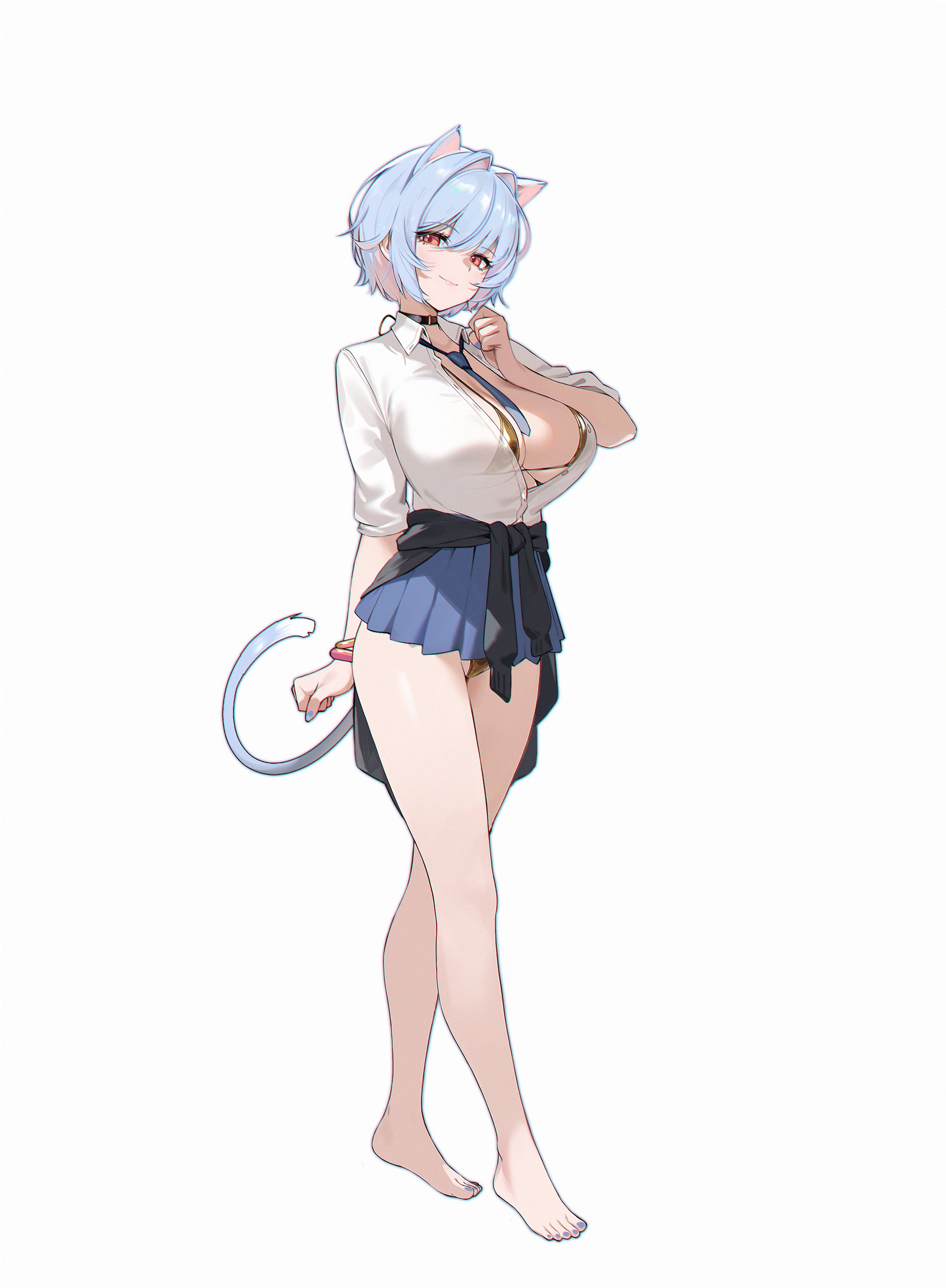 starcat, original, absurdres, highres, 1girl, animal ear fluff, animal ears, bangle, barefoot, bikini, black choker, blue hair, blue nails, blue necktie, blue skirt, bracelet, breasts, cat ears, cat girl, cat tail, choker, cleavage, clothes around waist, collarbone, collared shirt, dress shirt, full body, gold bikini, hair between eyes, jewelry, large breasts, looking at viewer, micro bikini, navel, necktie, panties, panty peek, pleated skirt, red eyes, shirt, short hair, simple background, skirt, smile, solo, standing, string bikini, sweater, sweater around waist, swept bangs, swimsuit, tail, underwear, white background, white shirt
