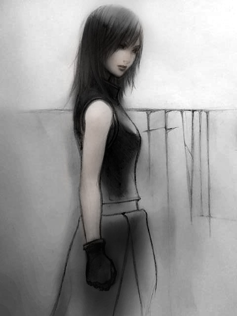 taka, taka (frostbite), the seeker, tifa lockhart, final fantasy, final fantasy vii, final fantasy vii advent children, bad id, bad pixiv id, 00s, 1990s (style), 1girl, alternate breast size (smaller), breasts, cleavage, female focus, gloves, grey background, lipstick, long hair, looking at viewer, makeup, monochrome, retro artstyle, simple background, sleeveless, small breasts, solo, tank top