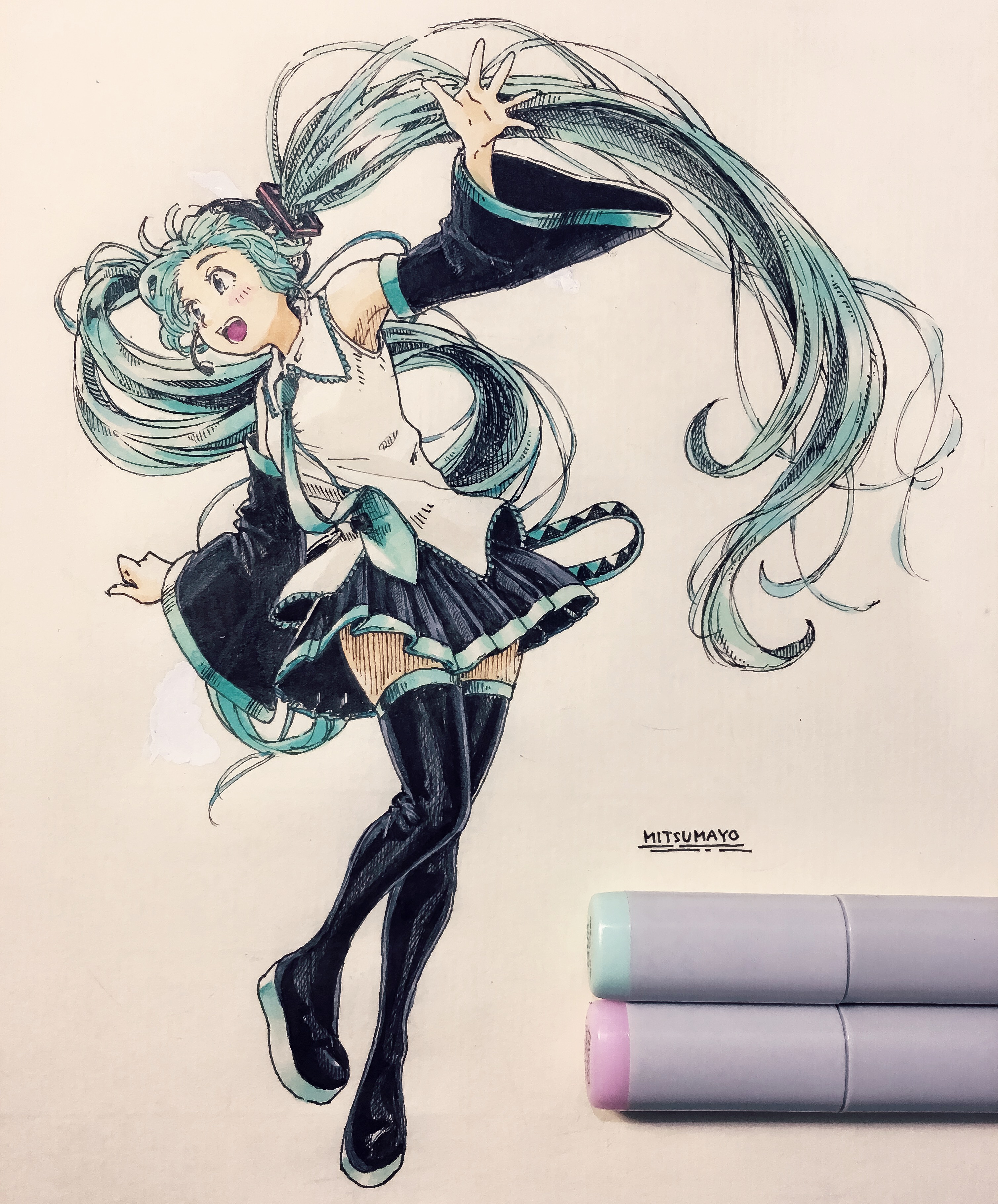 mitsumayo, hatsune miku, vocaloid, absurdres, commentary request, highres, marker (medium), photo (medium), traditional media, 1girl, art tools in frame, blue hair, blue necktie, boots, collared shirt, detached sleeves, full body, headset, long hair, necktie, open mouth, pleated skirt, shirt, signature, skirt, solo, thigh boots, thighhighs, very long hair, white shirt, wide sleeves