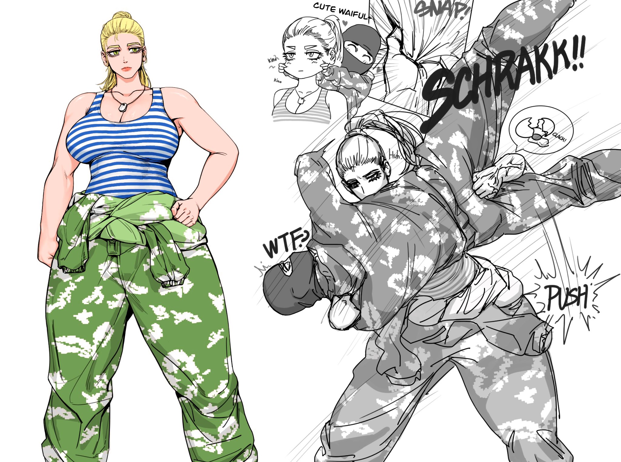 original, highres, 1boy, 1girl, balaclava, blonde hair, breasts, camouflage, cleavage, dog tags, geronimo (ferrogeronimo), jumpsuit, large breasts, lips, long hair, martial arts, muscular, muscular female, shirt, simple background, striped clothes, striped shirt, telnyashka, white background