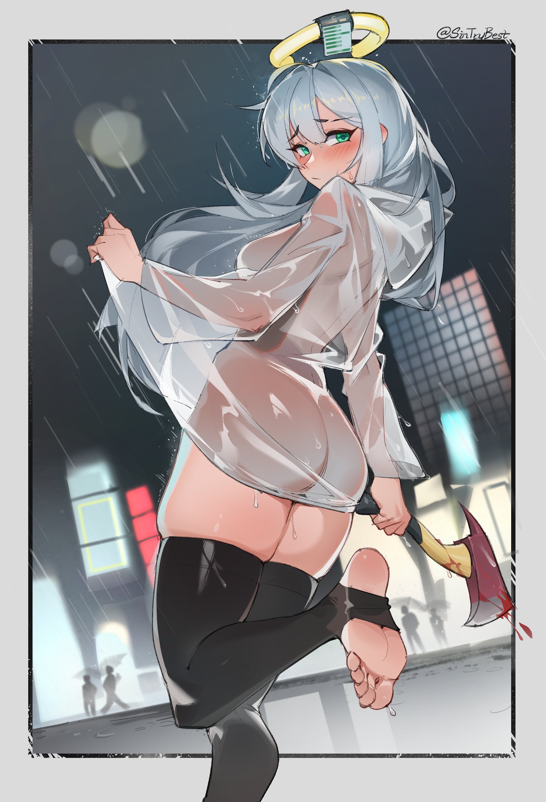 sin (sintrybest), original, absurdres, commentary, commission, english commentary, highres, 1girl, ahoge, ass, axe, black thighhighs, blood, blush, breasts, chair, closed mouth, double-parted bangs, feet, feet on chair, floating hair, furrowed brow, green eyes, grey hair, hair between eyes, halo, holding, holding axe, hood, hood down, long sleeves, looking at viewer, medium breasts, naked raincoat, no shoes, outside border, rain, raincoat, see-through clothes, see-through raincoat, soles, standing, standing on one leg, stirrup footwear, thighhighs, toes, twitter username, yellow halo