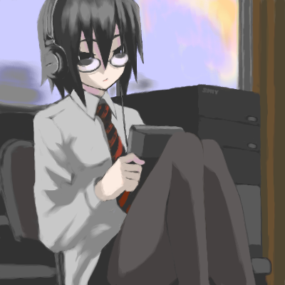 lowres, 1boy, androgynous, glasses, headphones, male focus, necktie, oekaki, pantyhose, solo, striped necktie, thighhighs