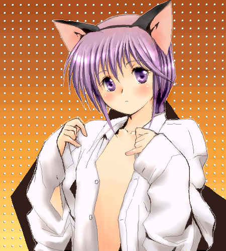 yagisaka seto, angelous lazward, sovereign (yagisaka seto), original, lowres, 1boy, animal ears, cat boy, cat ears, male focus, oekaki, open clothes, open shirt, purple eyes, purple hair, shirt, solo, trap, white shirt