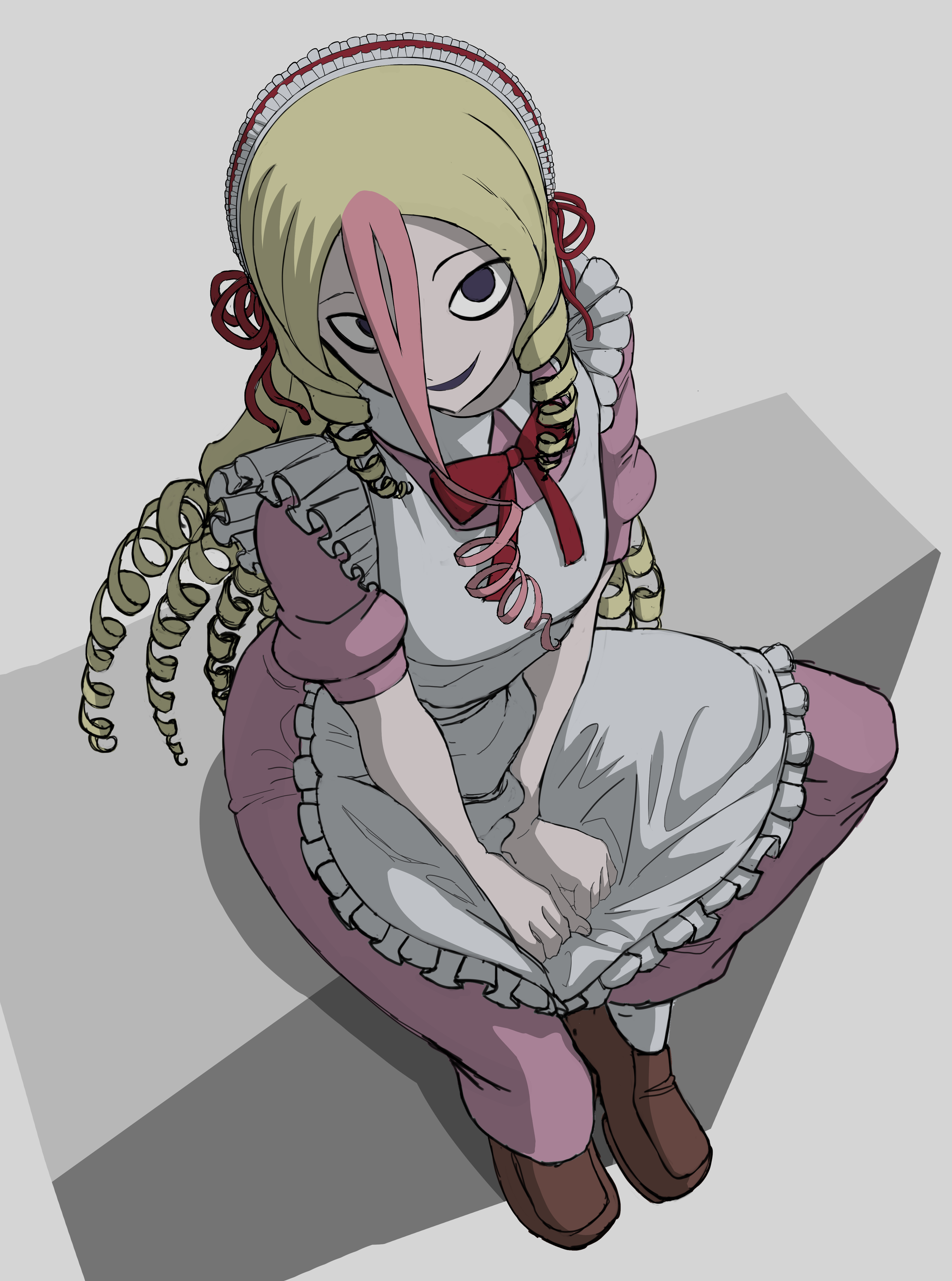 kyamuu, tanba toshio, indie virtual youtuber, absurdres, highres, 1girl, apron, blonde hair, blue eyes, dress, hairband, long hair, maid, multicolored hair, neck ribbon, pink dress, pink hair, ribbon, simple background, sitting, two-tone hair, virtual youtuber