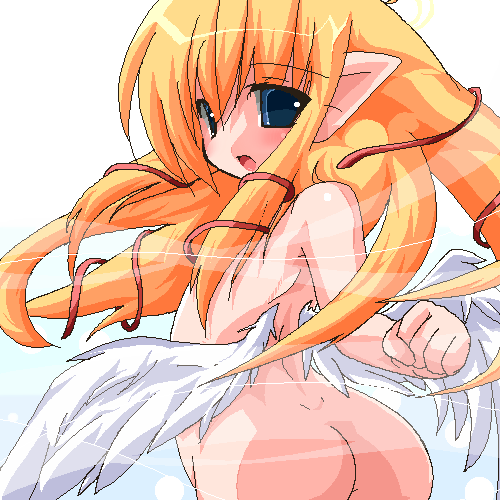 kanidiru, kanijiru, lowres, 1girl, ass, blonde hair, elf, female focus, oekaki, pointy ears, solo, wings